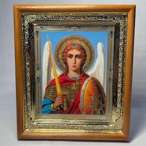 Icono en marco de madera Arcángel Miguel / Icono bajo cristal con decoración / Icono ortodoxo / Icono de litografía / 15 x 17 cm / Icono madera Miguel
