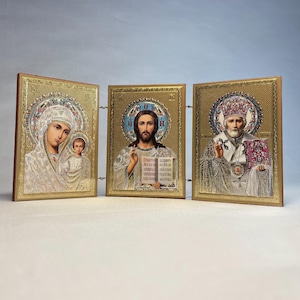 Ícone Jesus Cristo Mãe Deus São Nicolau | Ícone dobrável tríptico | Ícone de madeira ortodoxo | Santuário ortodoxo do Senhor | Ícone sagrado para desktop |