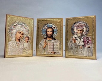 Icon Jesus Christ Mother God Saint Nicholas | Triptych Foldable Icon | Orthodox Wooden Icon | Lord Orthodox Shrine | Holy Desktop icon |