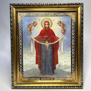 Icono de la Protección de la Madre de Dios / Icono ortodoxo con marco de baguette / Icono colgante / Madre de Dios con velo / Virgen María / Santuario cristiano / Pokrov
