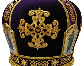 Priest violet-gold miter Cross | High-quality velvet fabric miter | Decorated embroidered priest mitra with stones | Priest black headdress