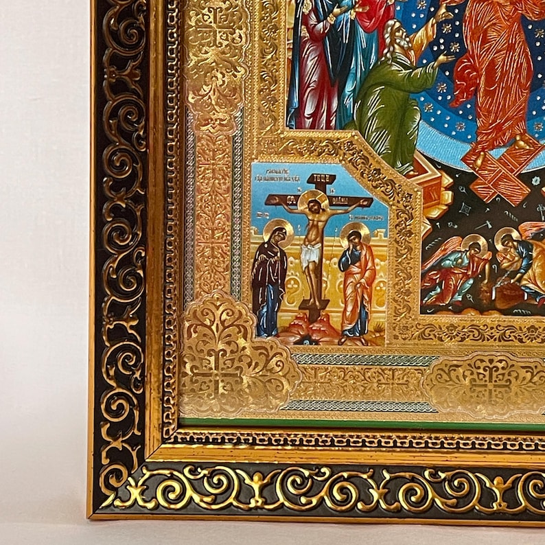 Icon wooden frame Resurrection Christ | Jesus Christ | Icon under glass | Orthodox icon | Lithography gold stamping | 27x22 cm | Icon Christ image 4