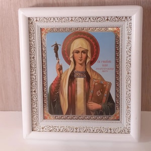 Icon in wooden white frame Equal Apostles Nina enlightener Georgia | Icon under glass with decoration | Orthodox white icon | Icon 21x24 |