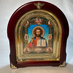 Icon 3D effect wooden frame arch Jesus Christ Lord Almighty | Arch Wooden icon | Icon under glass | Icon Orthodoxy Arch icon | Icon Christ |