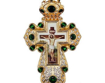 Priest gold-plated brass cross with print and chain with stones | Crucifixion | Pectoral Cross | Metal priest Cross | Cross Jesus Christ |