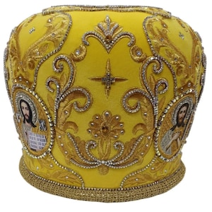 Mitra Sacerdotale Stella giallo-oro / Mitra in velluto di qualità / Mitra Sacerdotale decorata e ricamata con pietre / Mitra Sacerdotale Ortodossa Stella giallo /