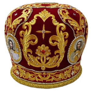 Mitra sacerdote rosso-oro Stella / Mitra in tessuto di velluto di qualità / Mitra sacerdote decorata ricamata con pietre / Mitra sacerdote ortodossa rossa Stella /