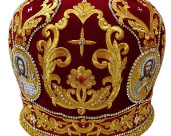 Priest red-gold miter Star | Quality velvet fabric miter | Decorated embroidered with stones priest mitra | Priest Orthodox red miter Star |