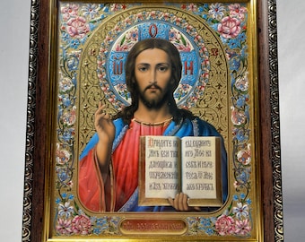 Icon of Jesus Christ omnipotent | Orthodox icon in frame under glass | 20x24cm | Wall icon | Desktop large icon | Icon Jesus Christ Savior |