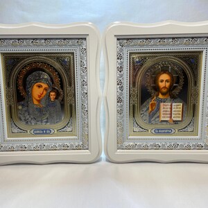 Set of two white wedding icons | Mother God | Jesus Christ | Icon in wooden frame | Icon under glass | Figured icon case | Wedding icons | image 2