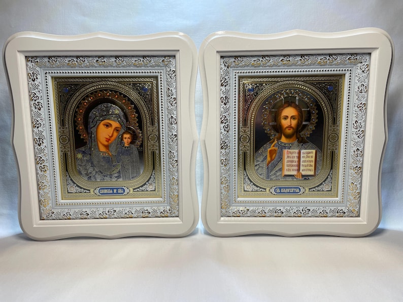 Set of two white wedding icons | Mother God | Jesus Christ | Icon in wooden frame | Icon under glass | Figured icon case | Wedding icons | image 2