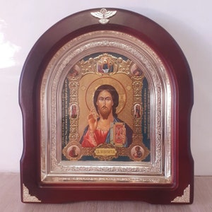 Icon 3D effect wooden frame arch Lord Almighty Jesus Christ Byzantine style | Arch Wooden icon | Icon under glass | Icon Orthodoxy Arch icon