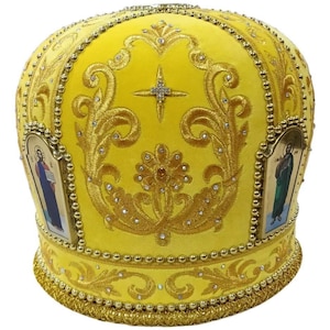 Mitra Sacerdotale giallo-oro Stella / Mitra in tessuto di velluto di qualità / Mitra Sacerdotale decorata ricamata con pietre / Mitra Sacerdotale ortodossa gialla