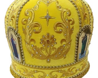 Priest yellow-gold miter Star | Quality velvet fabric miter | Decorated embroidered with stones priest mitra | Priest Orthodox yellow miter