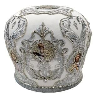 Mitra sacerdotale bianco-argento Stella / Mitra in velluto di qualità / Mitra sacerdotale decorata e ricamata con pietre / Mitra sacerdotale ortodossa bianco-argento
