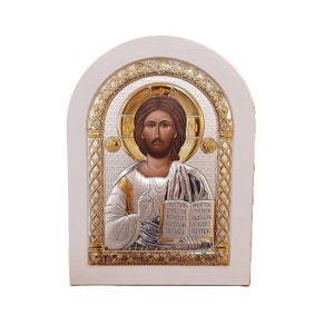 Greek Orthodox Icon Lord Savior silver gilded | Orthodox Icon with Enamel Icon in Wooden Frame Icon of Jesus Christ | Face of icon drawn |