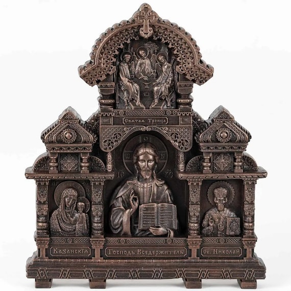 Home iconostasis from the material Liquid Stone | The Holy Trinity | Lord Jesus Christ | Mother of God of Kazan | Nicholas the Wonderworker