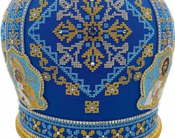 Priest &quot;Embroidered&quot; style blue-gold-silver miter | High-quality velvet miter | Decorated embroidered priest mitra | Priest miter Vishivanka