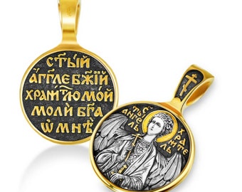 Angelo custode Argento 925 / Ciondolo ortodosso dorato con un angelo / Angelo amuleto / Angelo medaglione / Icona sul collo / Icona pendente rotondo /