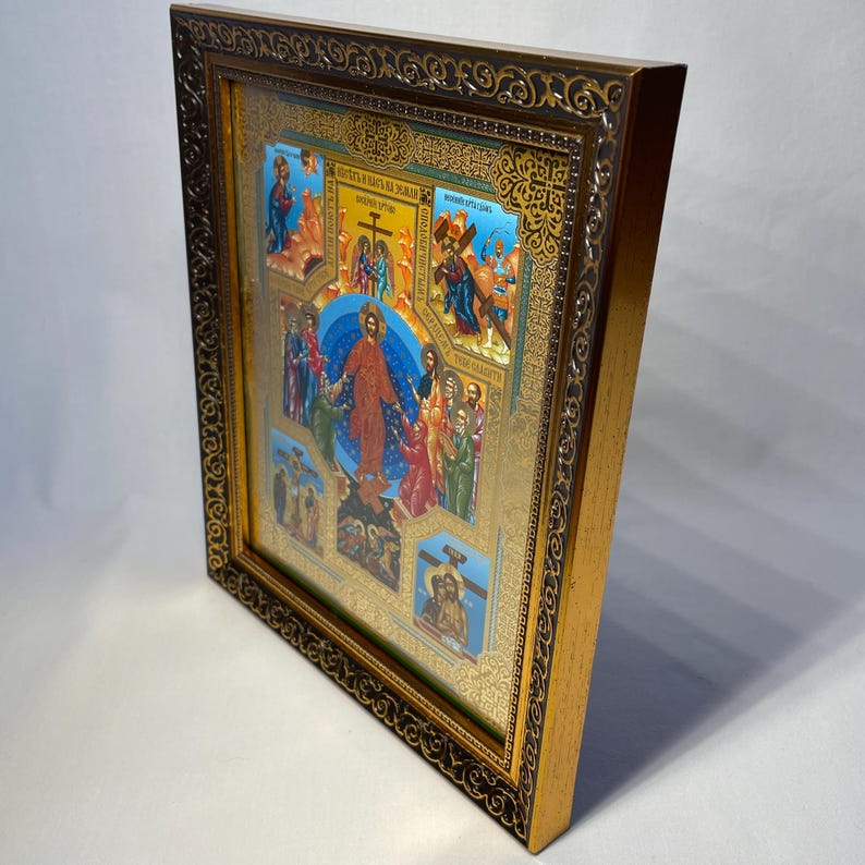Icon wooden frame Resurrection Christ | Jesus Christ | Icon under glass | Orthodox icon | Lithography gold stamping | 27x22 cm | Icon Christ image 13