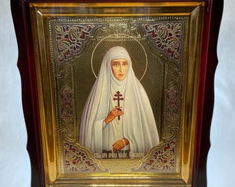 Church icon on lectern in wooden frame Holy Martyr Elizabeth | Icon under glass with decoration | Orthodox icon church 40x35 cm | Elisaveta