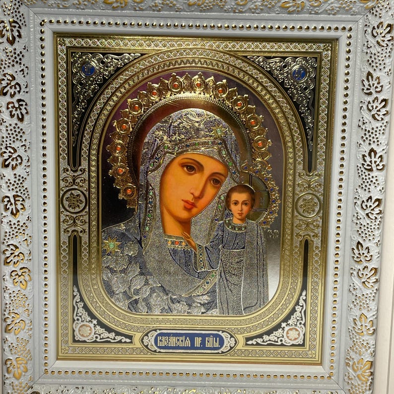 Set of two white wedding icons | Mother God | Jesus Christ | Icon in wooden frame | Icon under glass | Figured icon case | Wedding icons | image 14
