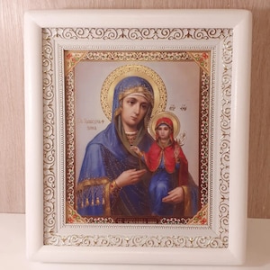 Icon in wooden white frame Saint Right Anna | Icon under glass with decoration | Orthodox white icon | Icon Anna size | Pravednaya Anna |