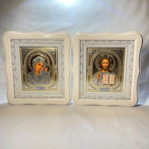 Set of two white wedding icons | Mother God | Jesus Christ | Icon in wooden frame | Icon under glass | Figured icon case | Wedding icons | image 1
