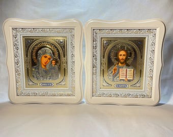 Set of two white wedding icons | Mother God | Jesus Christ | Icon in wooden frame | Icon under glass | Figured icon case | Wedding icons |