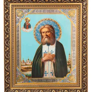 Icon wooden frame Holy Reverend Seraphim of Sarov | Icon under glass | Orthodox icon | Lithography gold stamping | 26x22 | Seraphim Sarovsky