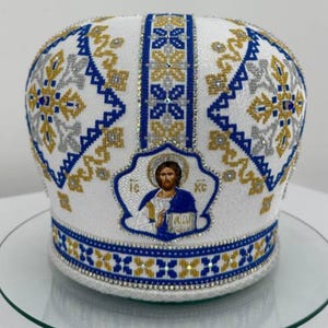 Mitra da sacerdote &quot;Ricamato&quot; stile blu-oro-argento / Mitra stile ucraino / Mitra da sacerdote ricamata decorata / Mitra da sacerdote Vishivanka /