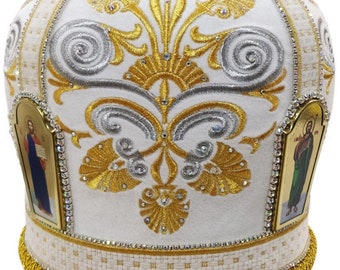 Priest white-yellow miter | High-quality velvet fabric miter | Decorated embroidered priest mitra with stones | Orthodox Priest headdress |