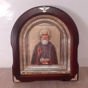 Icon wooden frame arch Saint Sergius of Radonezh | 25х27.5 cm | Arch Wooden icon | Icon under glass | Icon Orthodoxy Sergiy Radonezhskiy |