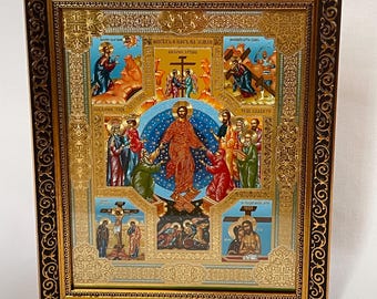 Icon wooden frame Resurrection Christ | Jesus Christ | Icon under glass | Orthodox icon | Lithography gold stamping | 27x22 cm | Icon Christ