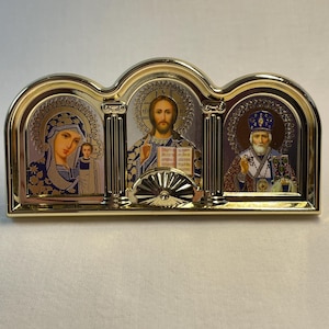 Triple icon on stand | Plastic icon triptych in car | Icons in car Jesus Christ Mother of God Nicholas the Wonderworker | Stand icon table |