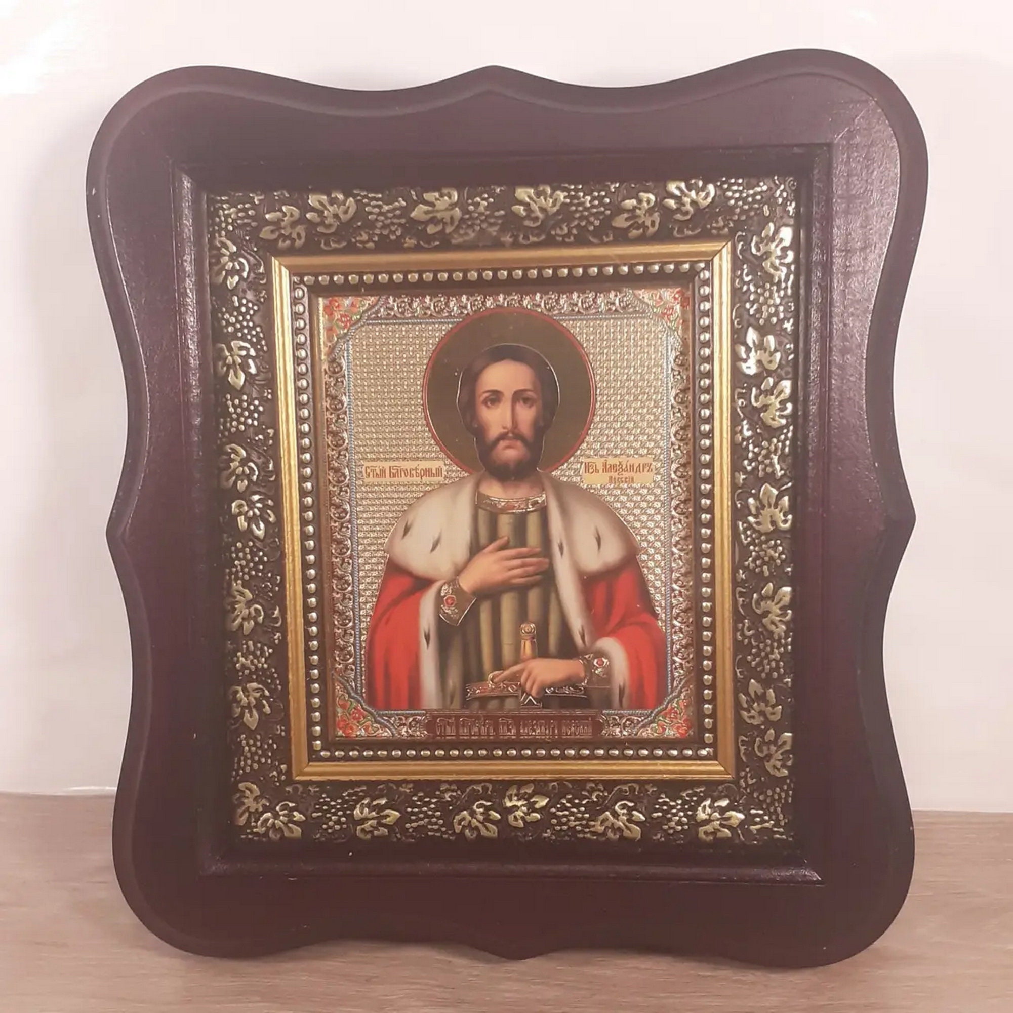 Icon in wooden frame Saint Prince Alexander Nevskiy | Icon under glass decoration | Orthodox icon | Lithography icon | 19x21 | Icon Alexandr