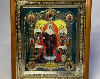 Icon 3D effect in wooden frame saint Mother God Joy of all who Sorrow | Icon under glass with decoration | Orthodox Lithography icon |