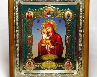 Icon 3D effect in wooden frame Mother God Pochaevskaya | Icon under glass with decoration | Orthodox icon | Lithography icon | Icon 20x22 |