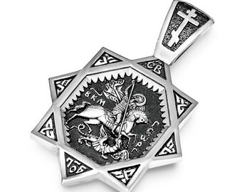 Silver pendant St. George Victorious | Amulet Saint George | Silver 925 | Medallion George | Icon George necklace | Eight-pointed star |