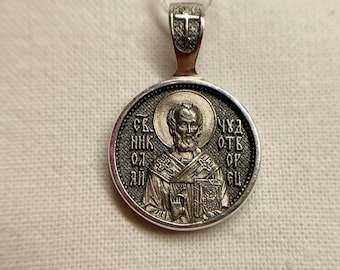 Silver pendant Saint Nicholas Wonderworker | 925 Silver | Round Pendant Medallion | Icon necklace | Amulet Nicholas | Medallion Nicholay |
