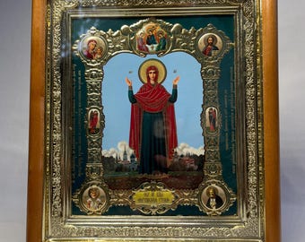 Icon 3D effect in wooden frame Mother God Unbreakable Wall | Icon under glass with decoration | Orthodox icon | Lithography icon | Icon20x22