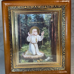 Icon in wooden frame Seraphim of Sarov | Icon under glass with decoration | Orthodox icon | Lithography icon | Saint Seraphim Sarovskiy |