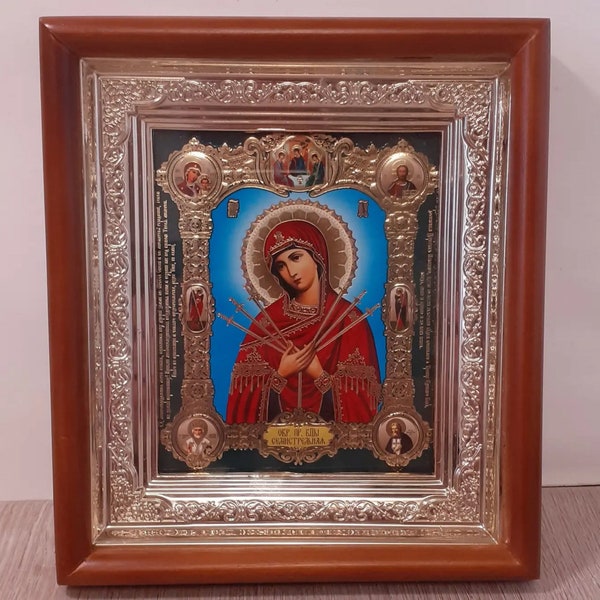 Icoon 3D-effect in houten frame Moeder God Zeven Pijlen | Icoon onder glas met decoratie | Orthodox icoon | Lithografie icoon | Icoon 15x17 |