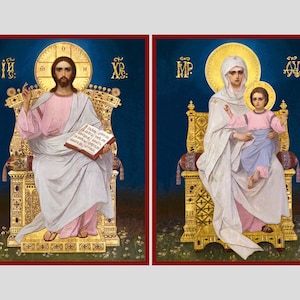 Set of two white wedding icons on wooden base | Author&#39;s wooden icon | Mother God | Jesus Christ | Wedding icons | Handmade wooden icons |