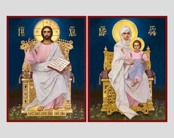Set of two white wedding icons on wooden base | Author's wooden icon | Mother God | Jesus Christ | Wedding icons | Handmade wooden icons |