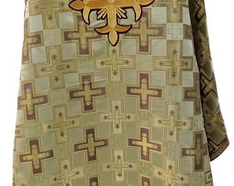 Priest yellow-gold vestment Greek cut | High-quality brocade fabric double metallization | Decorated embroidered crosses Galloon and fringe