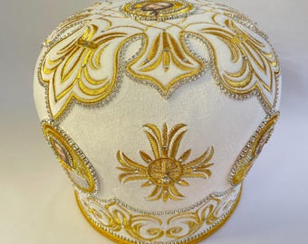 Priest Bethlehem white-gold miter | High-quality velvet miter | Decorated embroidered priest mitra | Priest white mitra | Vifleemskaya |