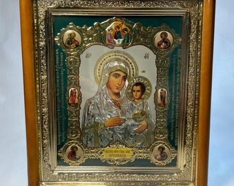 Icon 3D effect in wooden frame Mother of God Jerusalem | Icon under glass with decoration | Orthodox icon | Lithography icon | Icon 20x22 |
