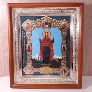 Icon 3D effect in wooden frame Mother God Unbreakable Wall | Icon under glass with decoration | Orthodox icon | Lithography icon | Icon20x22