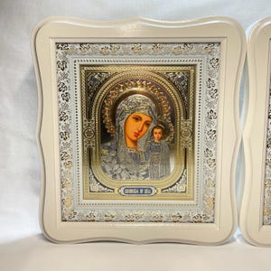 Set of two white wedding icons | Mother God | Jesus Christ | Icon in wooden frame | Icon under glass | Figured icon case | Wedding icons | image 6